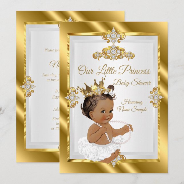 Invitation Fête de naissance de princesse Gold White Ethnique (Devant / Derrière)