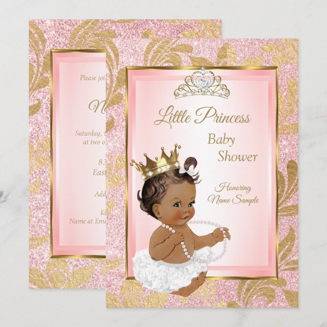 Invitation Fête de naissance de princesse or paillettes roses (Devant / Derrière)