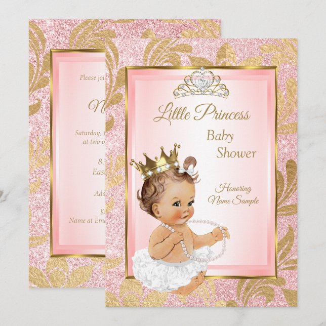 Invitation Fête de Naissance de Princesse Or Paillettes Roses (Devant / Derrière)