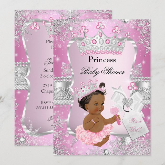 Invitation Fête de naissance de Princesse Rose Argent Ethniqu (Devant / Derrière)