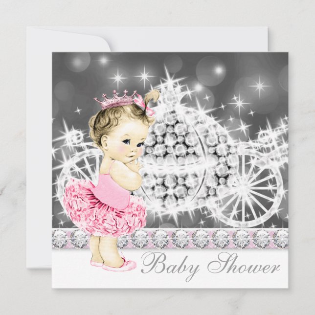 Invitation Fête de naissance de princesse rose et grise en tu (Devant)