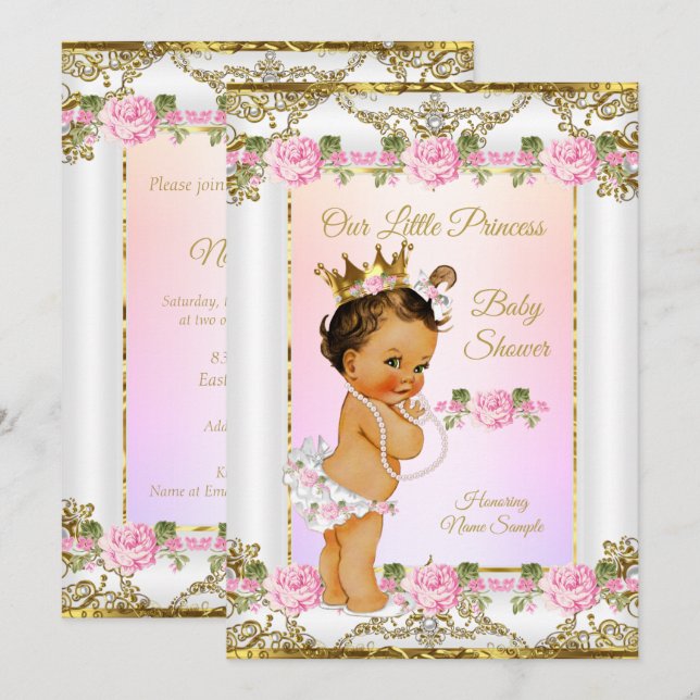 Invitation Fête de naissance de princesse Rose rose or blanc  (Devant / Derrière)