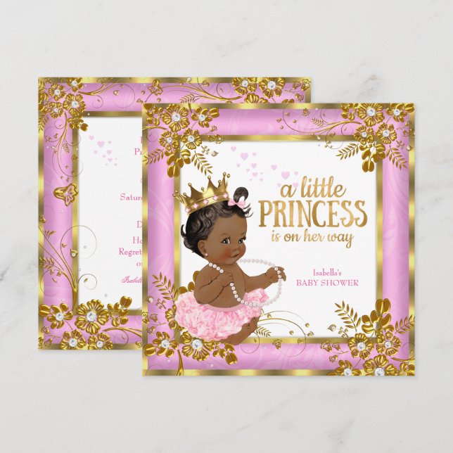 Invitation Fête de naissance de princesse Tulle rose Fleurs E (Devant / Derrière)
