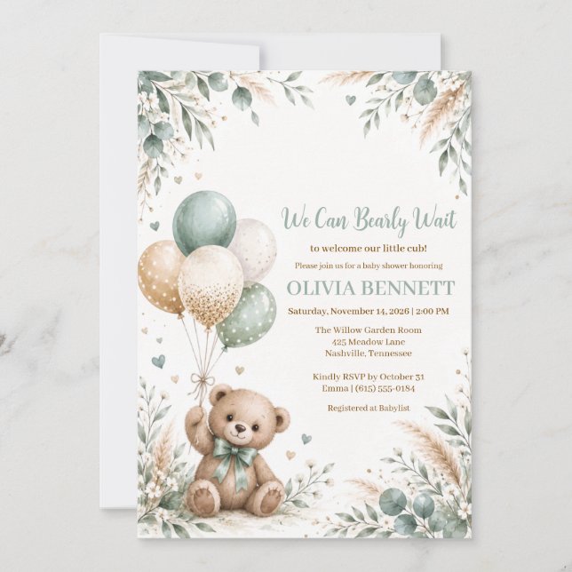 Invitation Fête de naissance de Teddy Bear Vert Sauge (Devant)