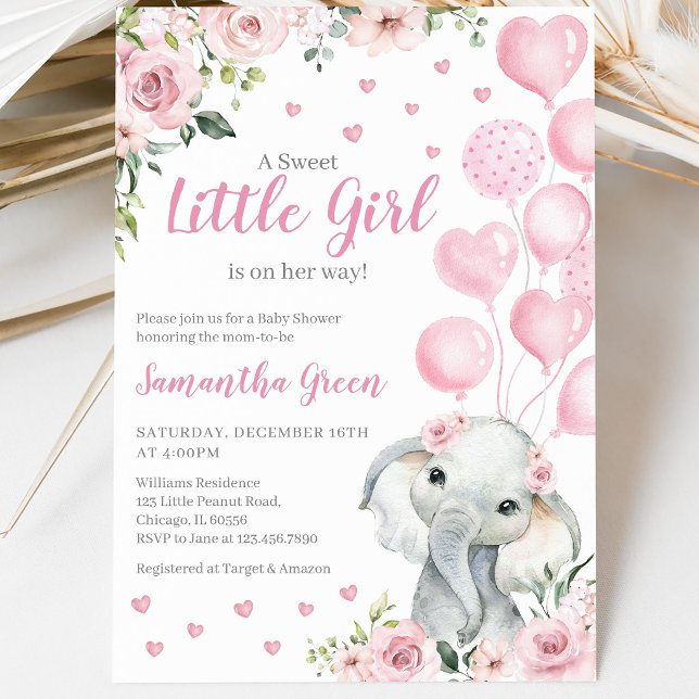 Invitation Fête de Naissance d'Éléphant Fille Rose (Créateur téléchargé)