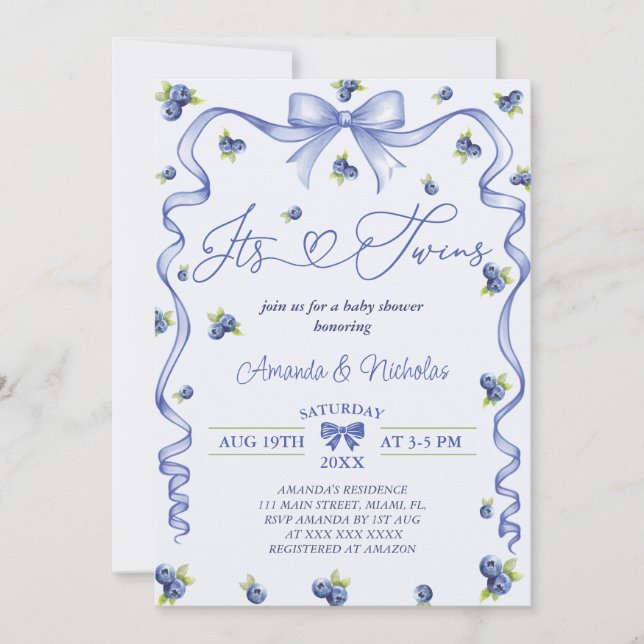 Invitation Fête de naissance des jumeaux myrtille (Devant)