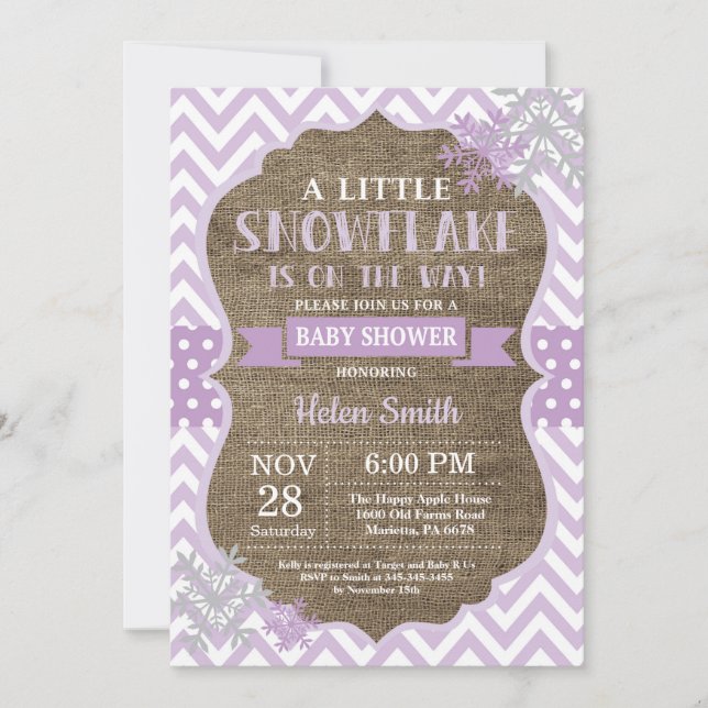 Invitation Fête de naissance d'hiver Flocon de neige violet B (Devant)