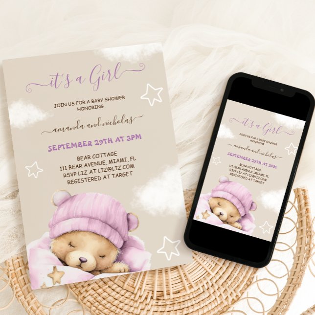 Invitation Fête de naissance d'hiver ours bébé fille (Créateur téléchargé)