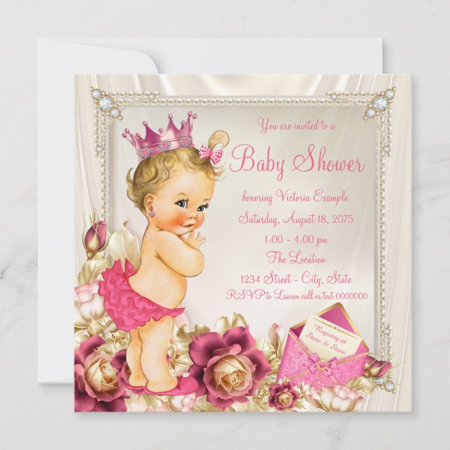 Invitation Fête de naissance Diamonds Pearls Satin Rose Princ (Devant)