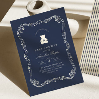 Invitation Fête de naissance d'ours en peluche vintage monogr