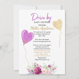 Invitation Fête de naissance Drive By bébé Fleurie Violet et