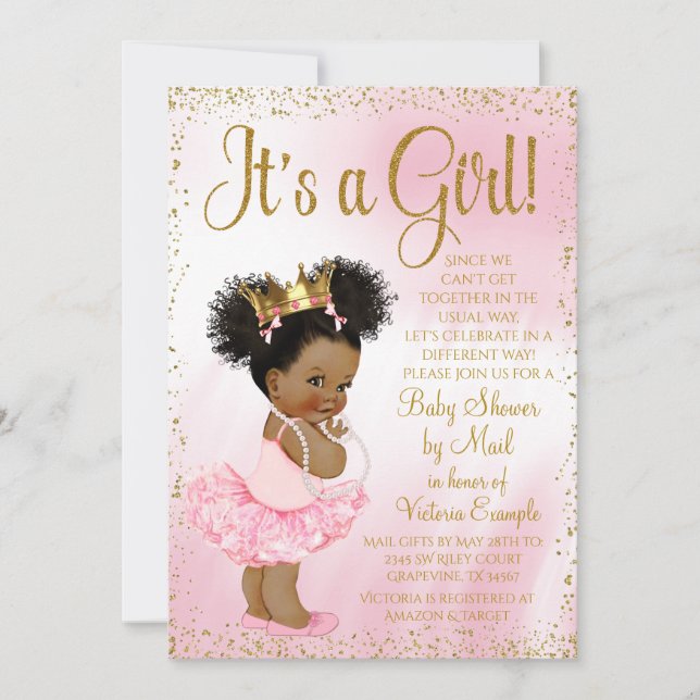 Invitation Fête de Naissance Drive By Rose Or Princesse Afro  (Devant)