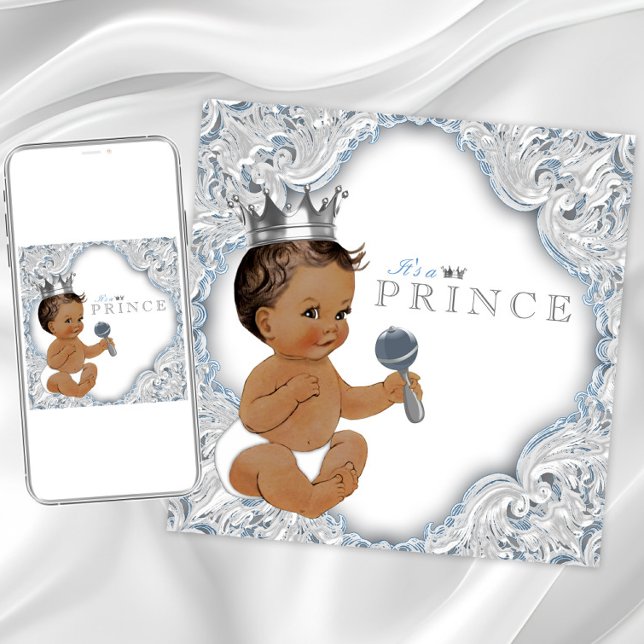 Invitation Fête de naissance du Prince Ethnique Bleu et Argen (Baby blue and silver baby shower invitation. Instant download and printed invitations available.)