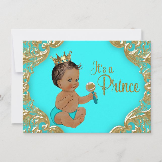 Invitation Fête de naissance du Prince Ethnique Or Turquoise (Devant)