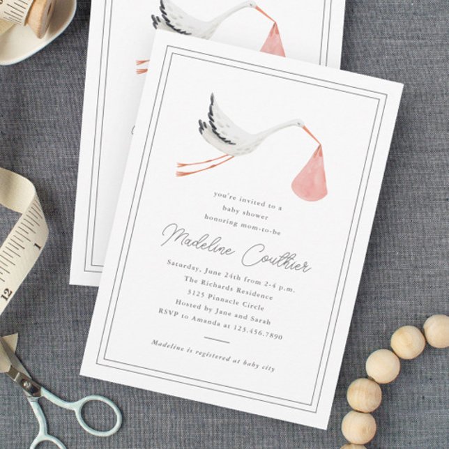 Invitation Fête de naissance élégante avec cigogne dessinée à (Elegant hand drawn stork girls baby shower invitations.)
