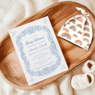 Invitation Fête de naissance élégante bleue florale vintage