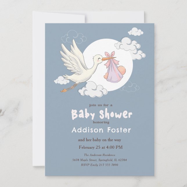 Invitation Fête de Naissance Élégante Fille Bébé cigogne Bleu (Devant)