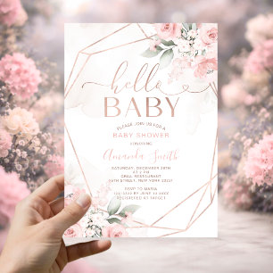 Invitation Fête de naissance élégante fleurs roses Hello Bébé
