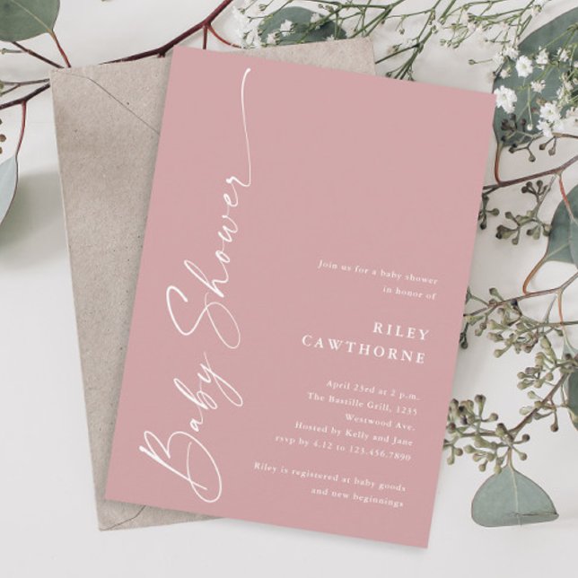 Invitation Fête de naissance élégante moderne écriture rose p (Simple script dusty pink boho girls baby shower invitation.)