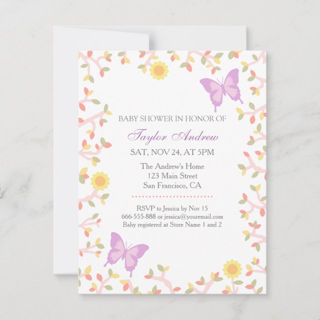Invitation Fête de Naissance Élégante Papillon Feuilles de Pr (Devant)