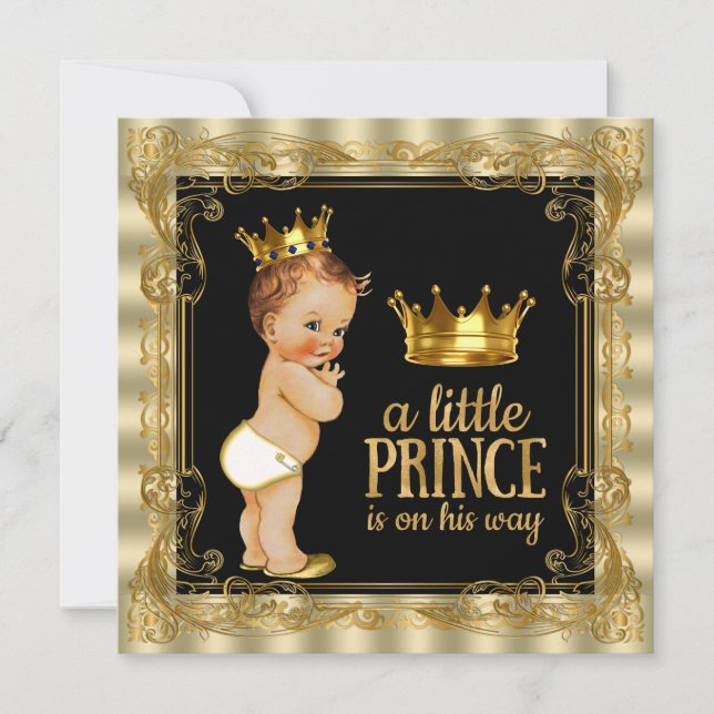 Invitation Fête de naissance élégante prince noir et or (Devant)