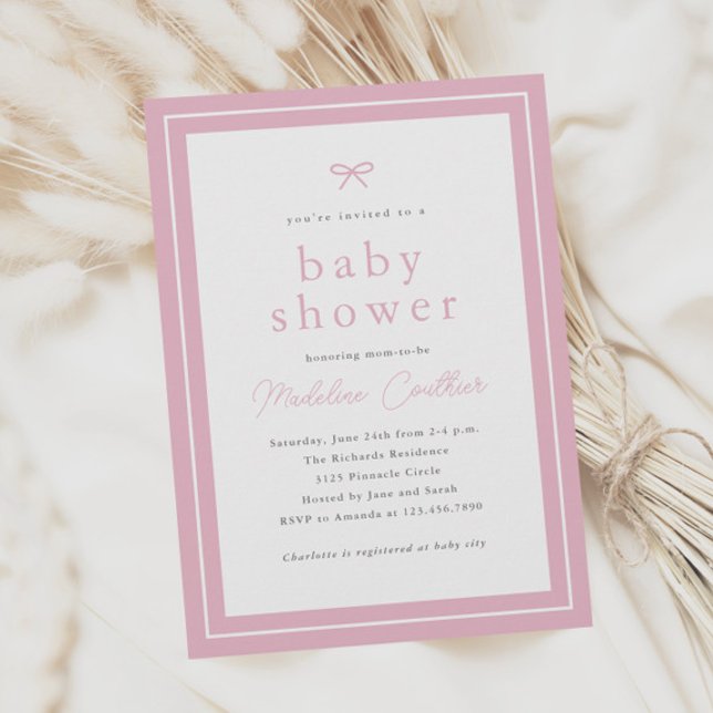 Invitation Fête de naissance élégante simple rose pour filles (Simple classic pink girls baby shower invitations.)