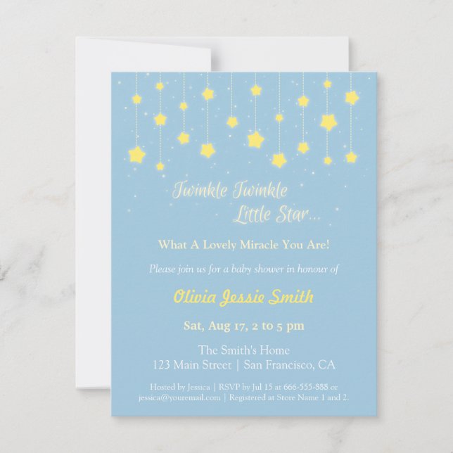 Invitation Fête de Naissance Élégante Twinkle Twinkle Little  (Devant)