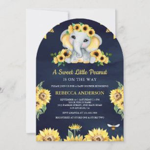 Invitation Fête de Naissance Éléphant Bleu Marine Tournesols