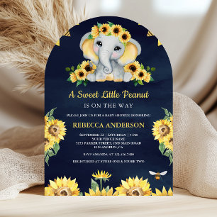 Invitation Fête de Naissance Éléphant Bleu Marine Tournesols 