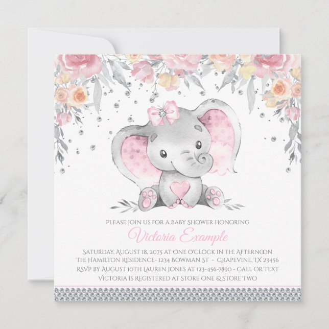 Invitation Fête de naissance éléphant gris rose diamant flora (Devant)