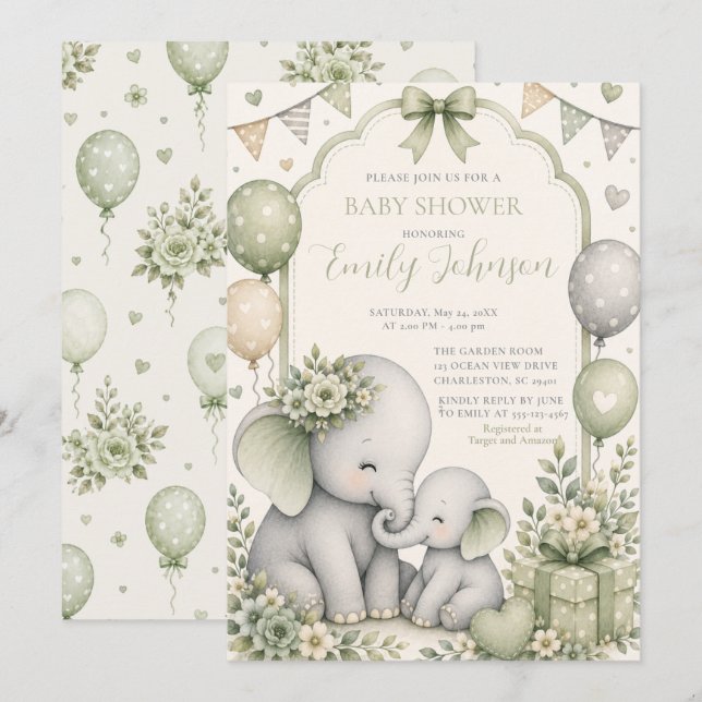 Invitation Fête de naissance éléphant vert sauge (Devant / Derrière)