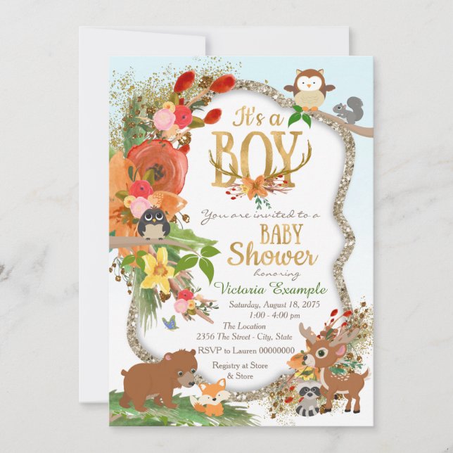 Invitation Fête de naissance en bois garçon avec bois de cerf (Devant)