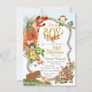 Invitation Fête de naissance en bois garçon avec bois de cerf