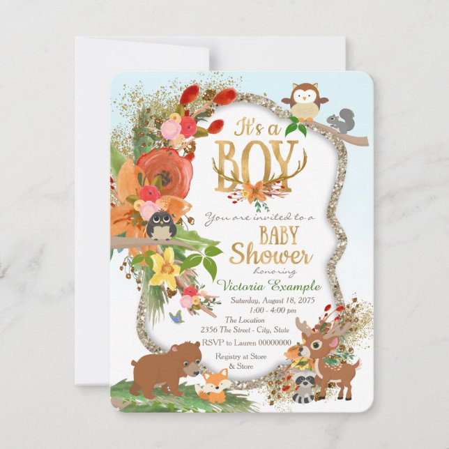 Invitation Fête de naissance en bois garçon avec bois de cerf (Devant)