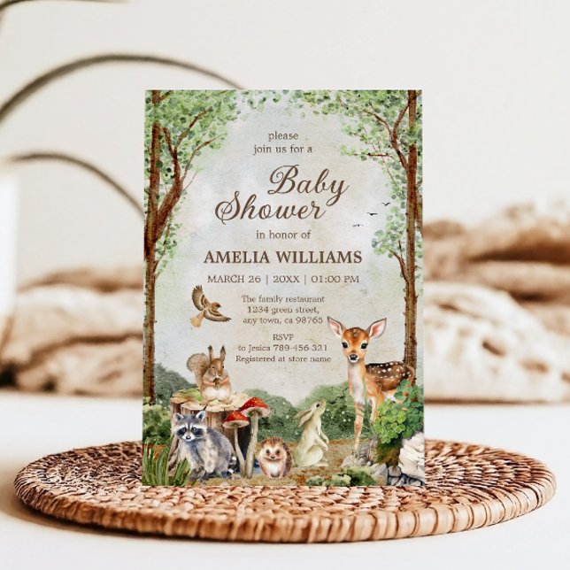 Invitation Fête de Naissance en Forêt Cerf Lapin Animaux de l (Créateur téléchargé)
