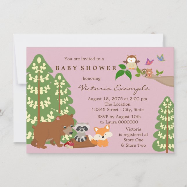 Invitation Fête de naissance en forêt pour bébé fille mignonn (Devant)