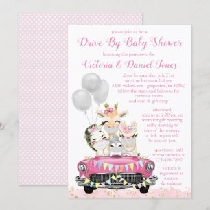Invitation Fête de naissance en voiture avec bébé fille Anima
