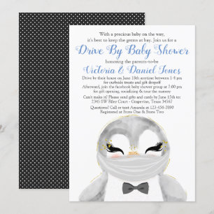 Invitation Fête de naissance en voiture avec un bébé manchot