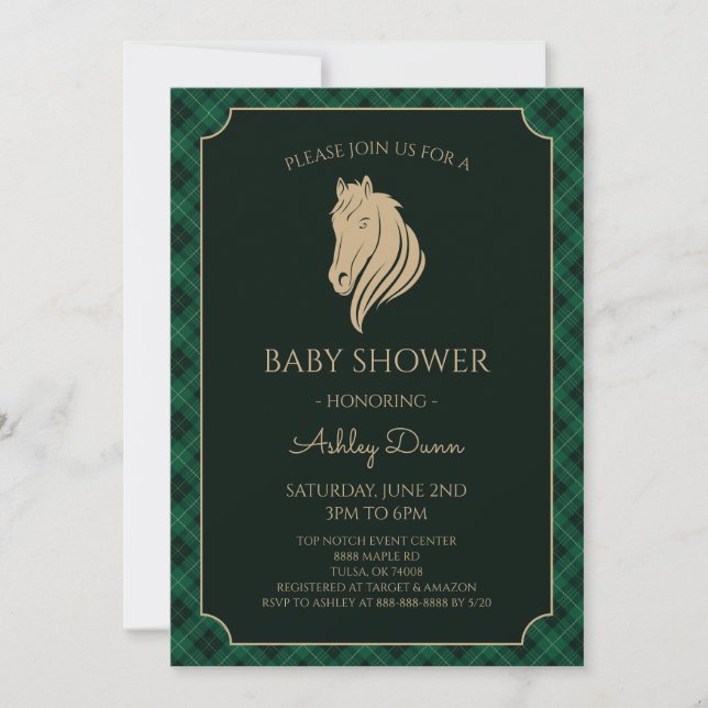 Invitation Fête de naissance équestre à carreaux verts (Devant)