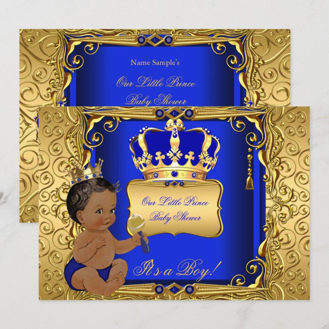 Invitation Fête de naissance Ethnique Garçon Royal Bleu Or (Devant / Derrière)