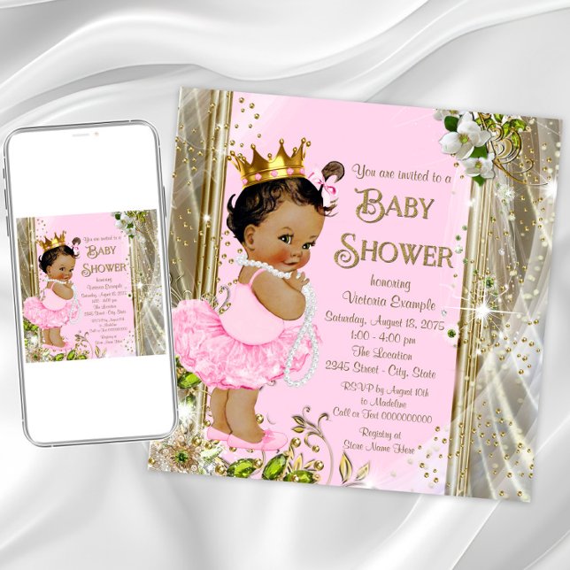 Invitation Fête de naissance Ethnique Princesse Tutu Rose Or (Pink and gold princess baby shower invitation. Instant download and printed invitations available.)