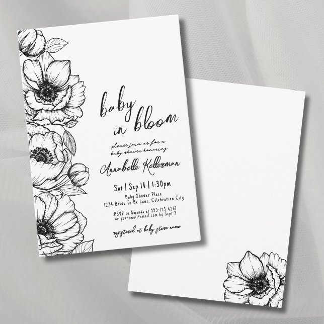 Invitation Fête de Naissance Fantaisiste Dessinée à la Main (Floral Hand Drawn Whimsical Baby Shower Invitation)