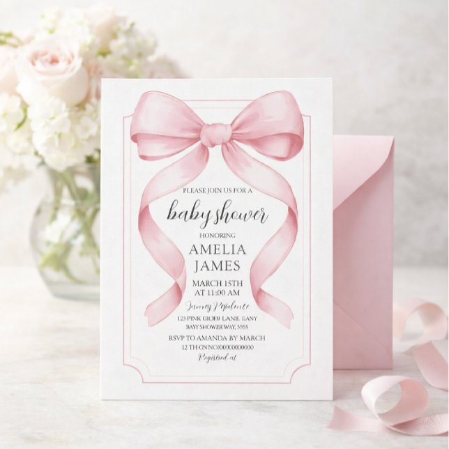 Invitation Fête de naissance fille à ruban rose  (Créateur téléchargé)