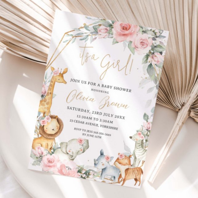 Invitation Fête de naissance Fille Animaux de la Jungle Fleur (Créateur téléchargé)