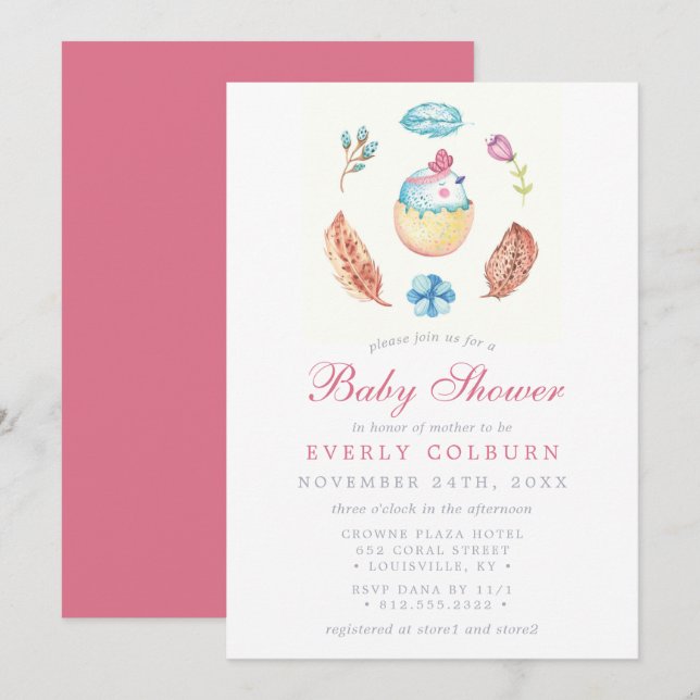 Invitation Fête de naissance fille aquarelle bohème poussin o (Devant / Derrière)