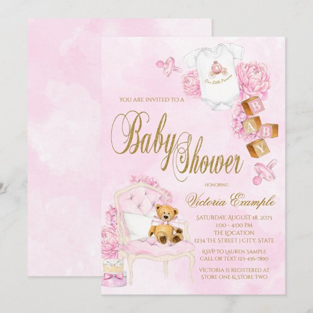 Invitation Fête de naissance fille aquarelle rose or (Devant / Derrière)