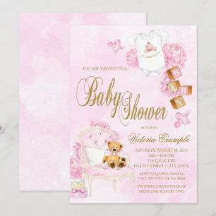 Invitation Fête de naissance fille aquarelle rose or