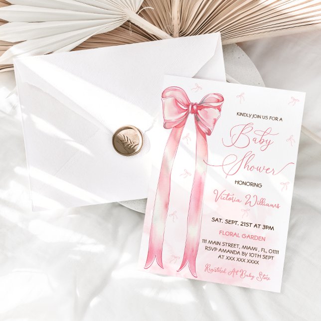 Invitation Fête de naissance fille aquarelle ruban rose (Créateur téléchargé)