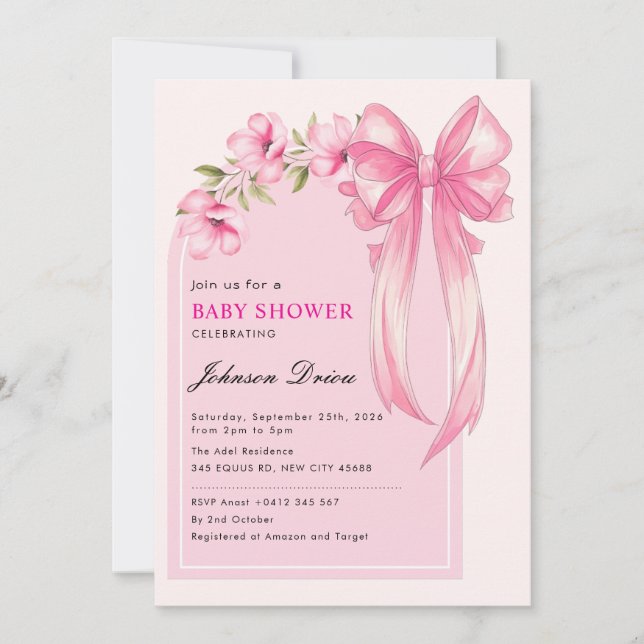 Invitation Fête de Naissance Fille au Ruban Rose (Devant)
