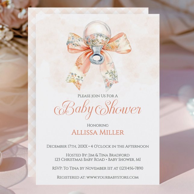 Invitation Fête de Naissance Fille au Ruban Rose Coquette Gin (Elegant Coquet Pink Bow Girl Baby Shower Invitation)